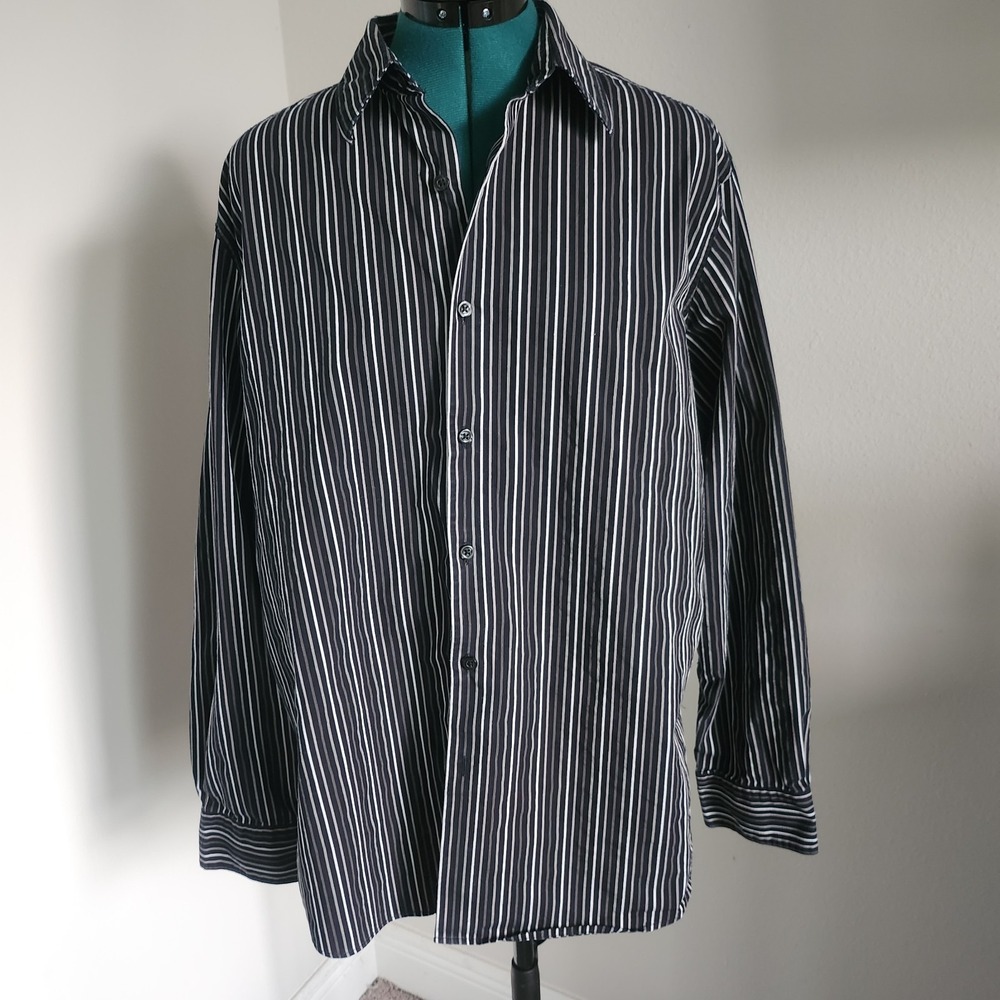 Claiborne Mens Button-up Shirt Size Large Long Sleeves Black with Gray Stripes